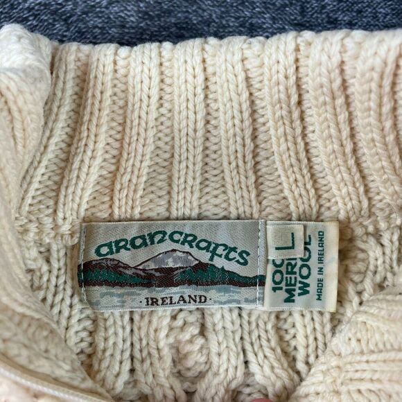 Aran Crafts 100% Wool Cable Chunky Knit 1/4 Zip Sweater Mock Neck Cream L *Read - Picture 9 of 15